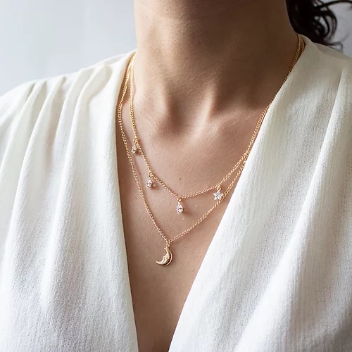 Collar Doble Luna & Estrellas Circonias, CHAPA DE RODIO - Imagen 4