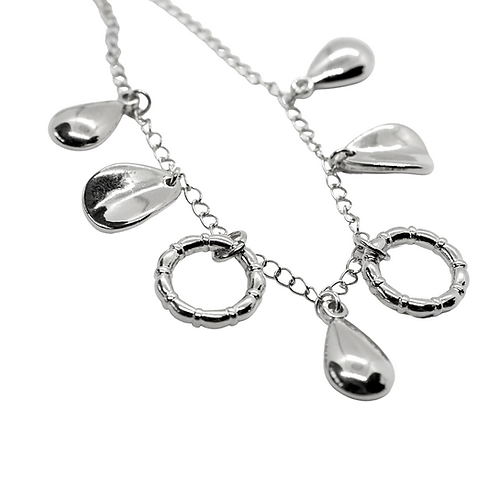 Pulsera eslabones con Argollas y Gotas, CHAPA DE RODIO