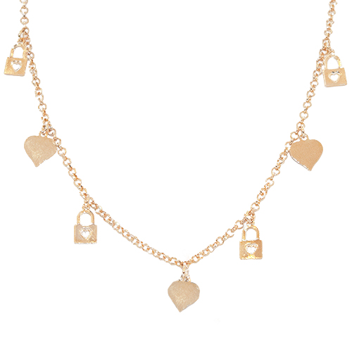 Collar Dijes Corazón y Candado, CHAPA DE ORO 18K