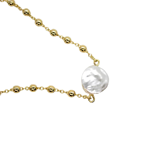 Collar Bolitas Planas & Perla, CHAPA DE ORO 18K