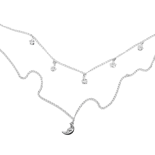 Collar Doble Luna & Estrellas Circonias,  CHAPA DE RODIO