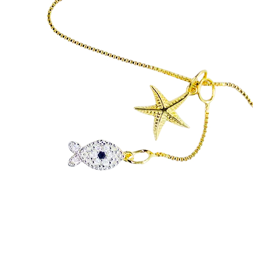 Collar con Estrella de Mar y Pescadito de Circonia, CHAPA DE ORO 18K